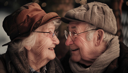 Couple de retraité senior heureux, amoureux et complice avec le visage l'un contre l'autre