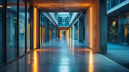 b'Modern office interior with long illuminated corridor'