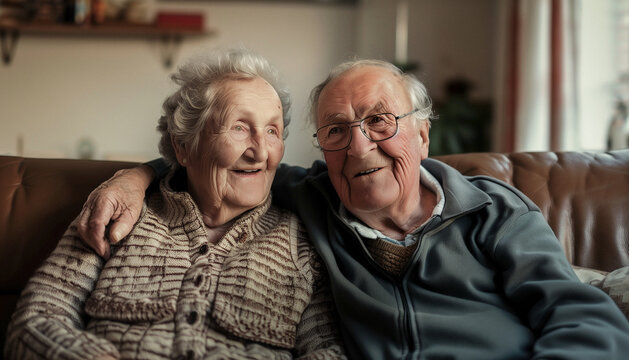 Portrait d'un couple senior retrait&eacute; complice, amoureux et en retraite assis dans un canap&eacute; &agrave; la maison
