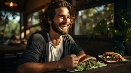 b'Middle Eastern man eating a falafel sandwich'