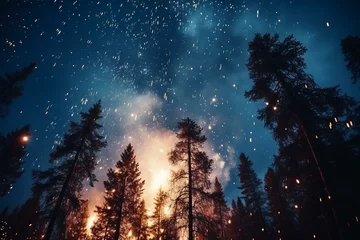 Foto auf Alu-Dibond b'Fireworks light up the night sky over a forest' © Adobe Contributor