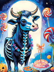Generative AI illustration Of Cute Skeleton Cow Painting Halloween 
