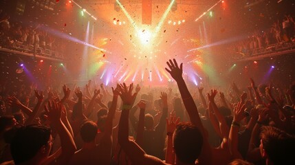 b'Crowd of People Dancing at a Rave with Their Hands Raised in the Air'