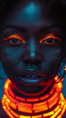 b'Glowing Beauty of Melanated Model with Vibrant Neon Makeup'