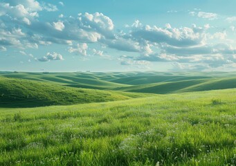 Obraz premium b'Green rolling hills under blue sky with white clouds'