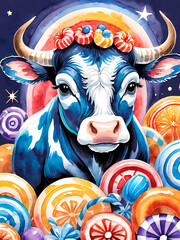 Obraz premium Generative AI illustration Of Cute Skeleton Cow Painting Halloween 