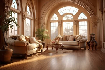 Deurstickers b'Elegant living room interior with large windows and a sitting area' © Adobe Contributor