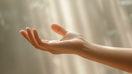 b'A hand reaching out in front of a blurred background'