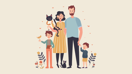 Happy family concept. Parents with kids and cat. Cute