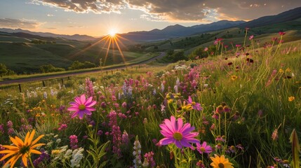 Fields of wildflowers paint the landscape in vibrant shades of pink purple and yellow as a road winds through the countryside the . AI generation. - Powered by Adobe