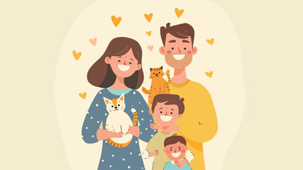 Happy family concept. Parents with kids and cat. Cute