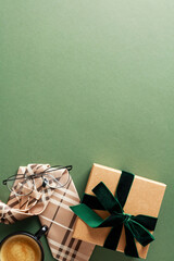 Happy Fathers Day, Happy Birthday flat lay composition with gift box, tie, coffee cup on green background.