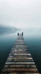 Fototapeta premium b'Wooden dock extending into a calm lake on a foggy day'