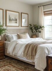 b'Bedroom with white walls and a white bed'