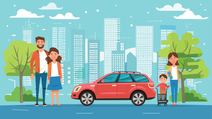 Happy family with car and city background. 