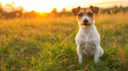 b'A cute dog is sitting on the grass field with sunset in the background'