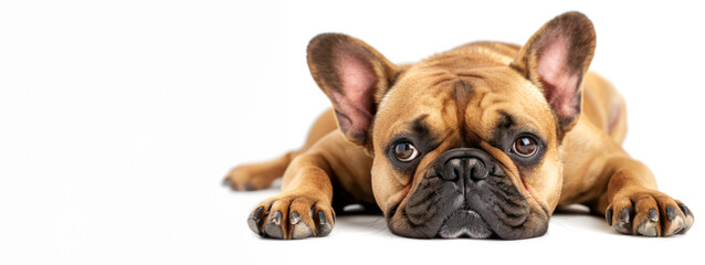 Cute french bulldog lying on the floor on a white background, anorexic, health dog concept
