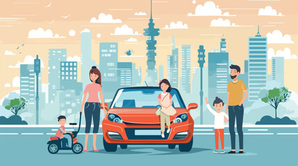 Happy family with car and city background.