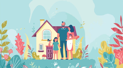 Happy family with house. Landing page template 
