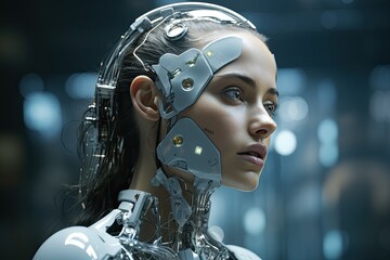 A beautiful female cyborg stares off into the distance with a pensive look on her face.