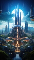 A beautiful futuristic city with a giant tower in the center and a moon in the background.