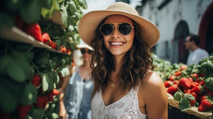 b'A woman wearing a hat and sunglasses is smiling in front of a display of strawberries.'