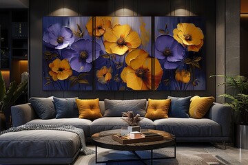 3 panel wall art, yellow , purple and white floral symphony , wall decoration