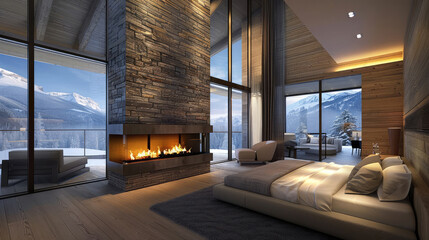 Interior of a modern house with a fireplace, large windows and a view of the winter snow-capped mountains