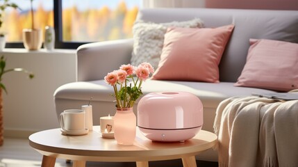 b'An elegant pink aroma diffuser sitting on a table in a living room'