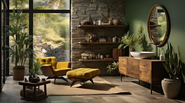 b'Modern bathroom interior with yellow armchair and green walls'
