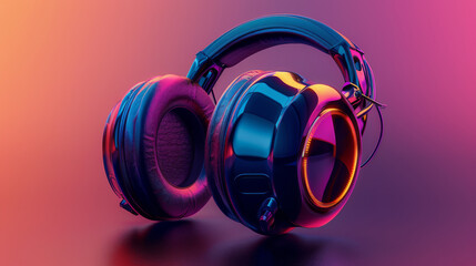 Fototapeta na wymiar Vibrant, over-ear headphones set against a pink and blue gradient background, emphasizing modern design and leisure.