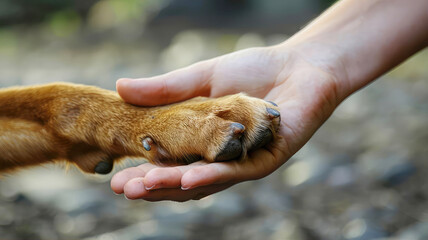A human hand holds a dog's paw, symbolizing the bond between man and animal