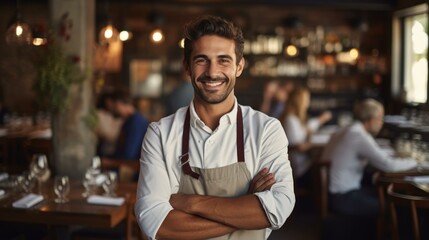 b'Portrait of a smiling waiter in a restaurant'