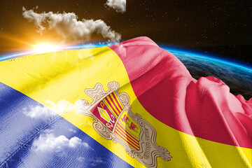 Andorra national flag cloth fabric waving on beautiful night global cloud Background. - obrazy, fototapety, plakaty