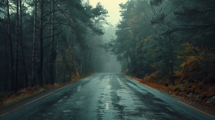 Obraz premium b'Country road through a dark and misty forest'