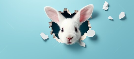 Banner with a bunny's head poking through a paper hole on a blue background, front view. Easter...