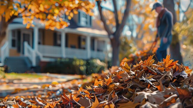 A man raking a pile of autumn leaves in the yard.