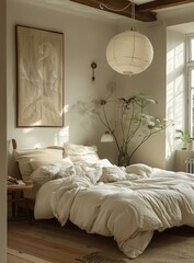 b'A bedroom with a large bed, a painting, a vase of flowers, and a paper lantern'