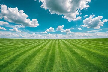 Green lawn with fresh mown grass against a background of blue sky with clouds.