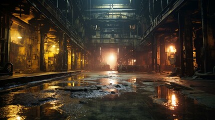 b'An empty factory building with water on the floor' - obrazy, fototapety, plakaty