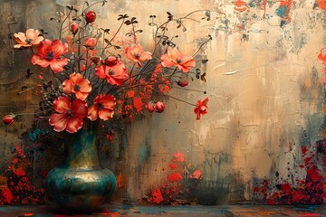 Abstract painting, metal element, texture background, flowers, plants, flowers in a vase - Powered by Adobe