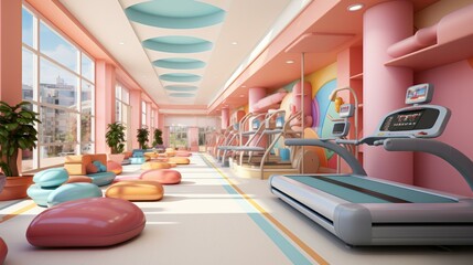 b'A colorful and modern fitness center with pink walls and blue accents'