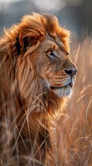 b'Portrait of a male lion with a golden mane'