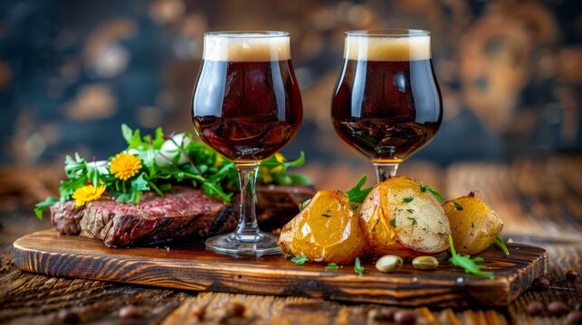 Savoring a delicious steak and fresh greens meal paired with dark beer on a rustic wooden platter