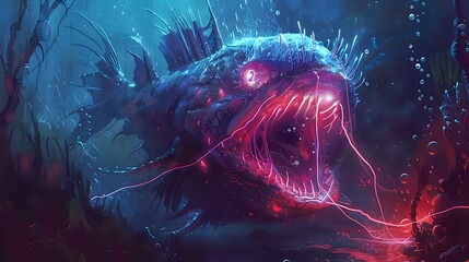 Neon-Lit Anglerfish: Mysterious Underwater Nature Beyond Realms - Illuminated Paths