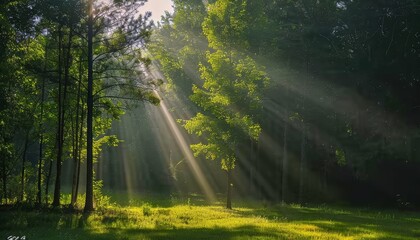 Fototapeta premium Luminous sunlight filtering through lush green forest canopy, creating a serene natural spectacle