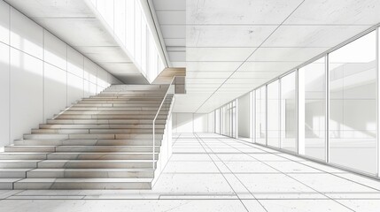 Obraz premium b'Architectural sketch of a modern building interior with stairs and large windows'
