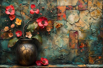 An abstract painting, with a metal element, textured background, and flowers, plants, and flowers...