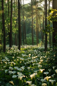Calla lilies in a forest