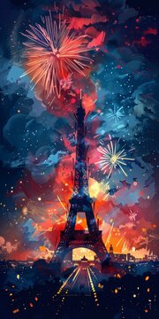 b'The Eiffel Tower at night with fireworks'